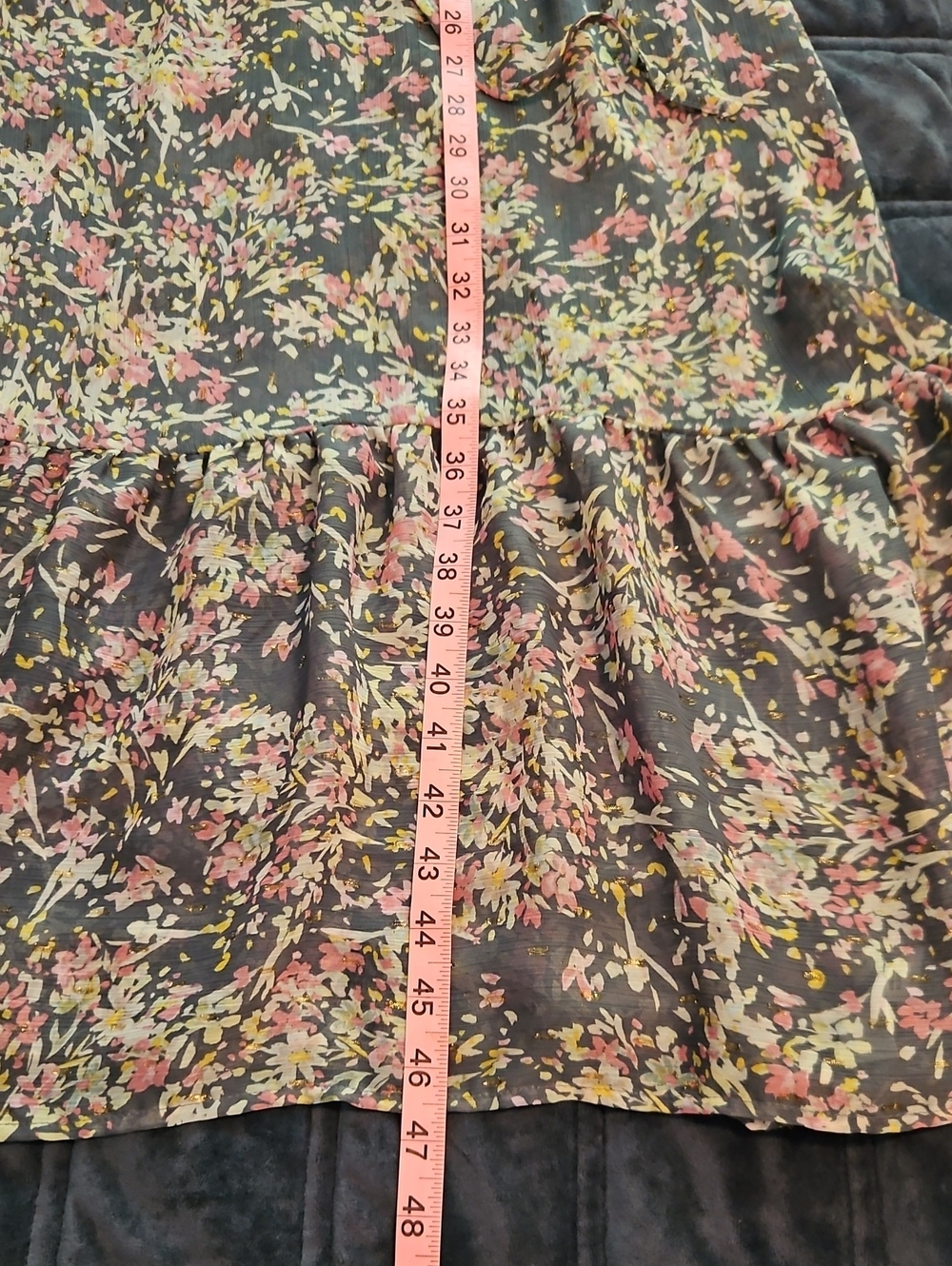 ANA Gray Floral Maxi Dress, Sheer Balloon Sleeves, Lined Slip, Cinched Waist, L - Picture 9 of 11